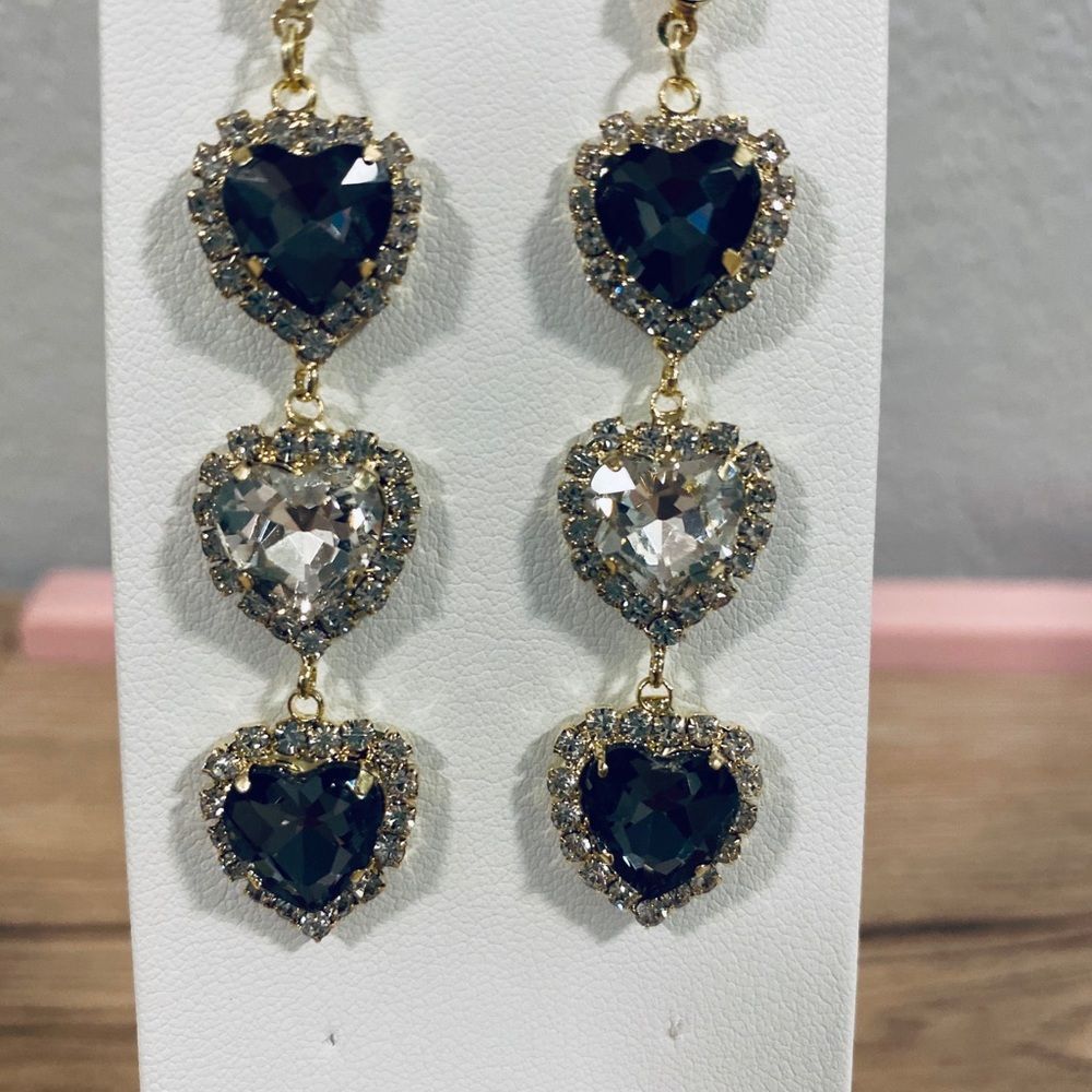 Black & Clear Crystal Triple Heart Rhinestone Dangle Statement Earrings